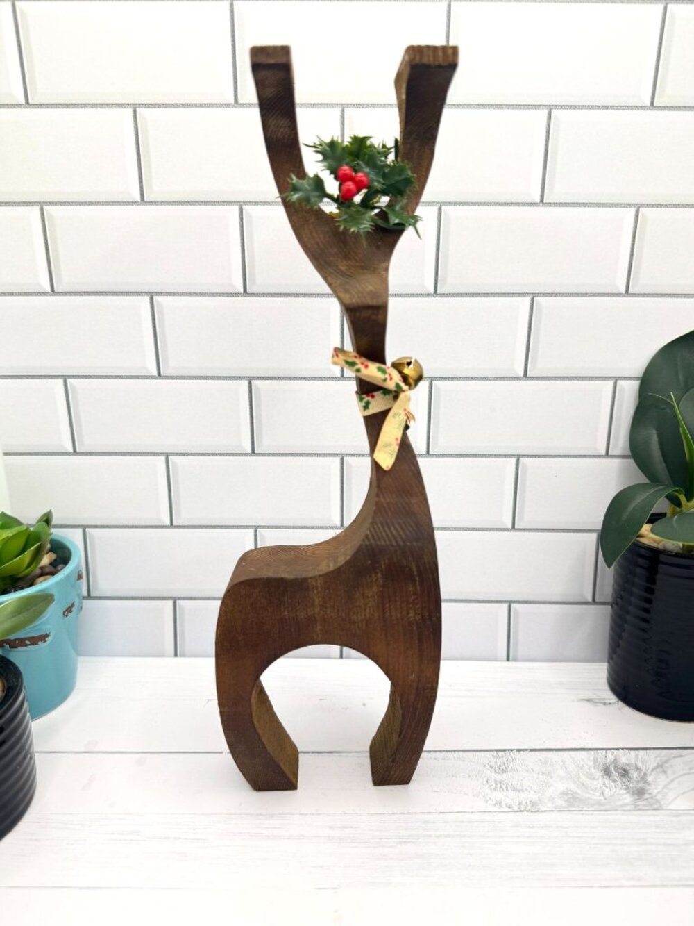 Handcrafted Wooden Reindeer With Holly Berries & Ribbon Bow